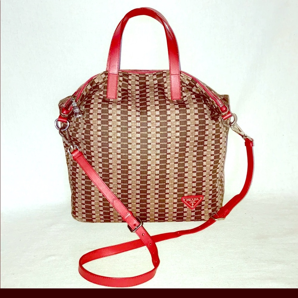 Like New PRADA Brown Canvas and Red Leather Bag